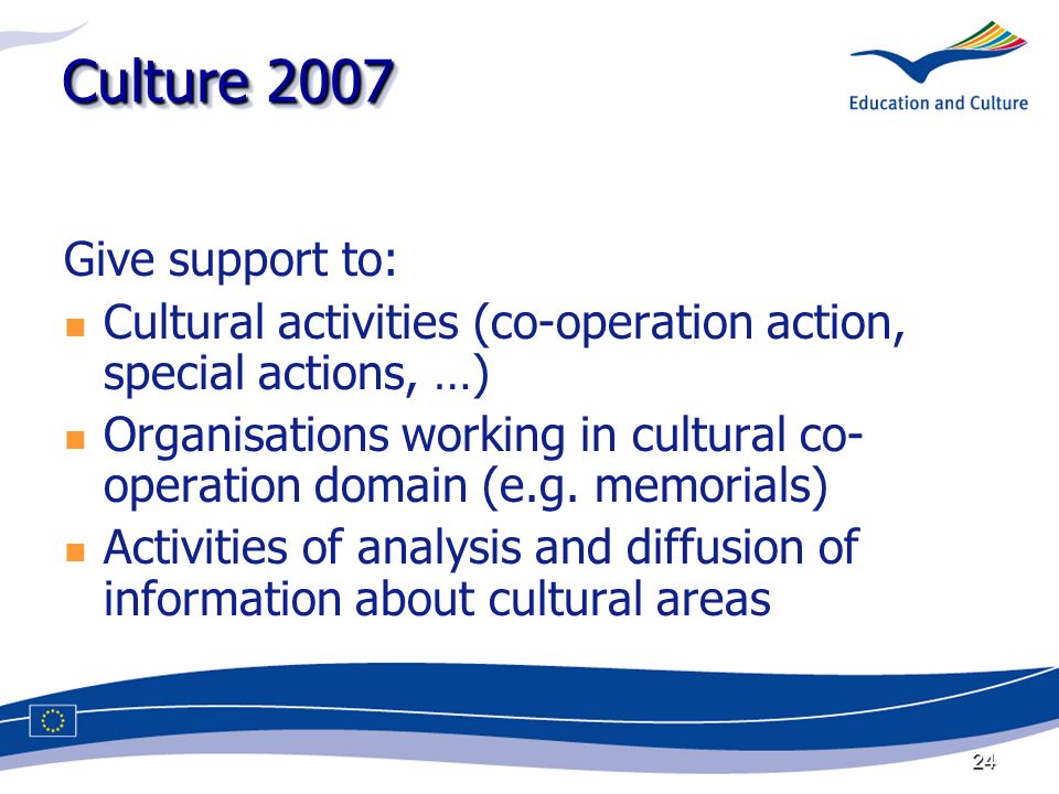 24 Culture 2007 Give support to: Cultural activities (co-operation action, special actions, …) Organisations working in cultural co- operation domain (e.g.