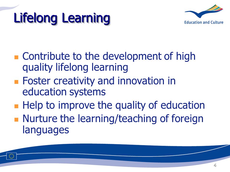 4 Lifelong Learning Contribute to the development of high quality lifelong learning Foster creativity and innovation in education systems Help to improve the quality of education Nurture the learning/teaching of foreign languages
