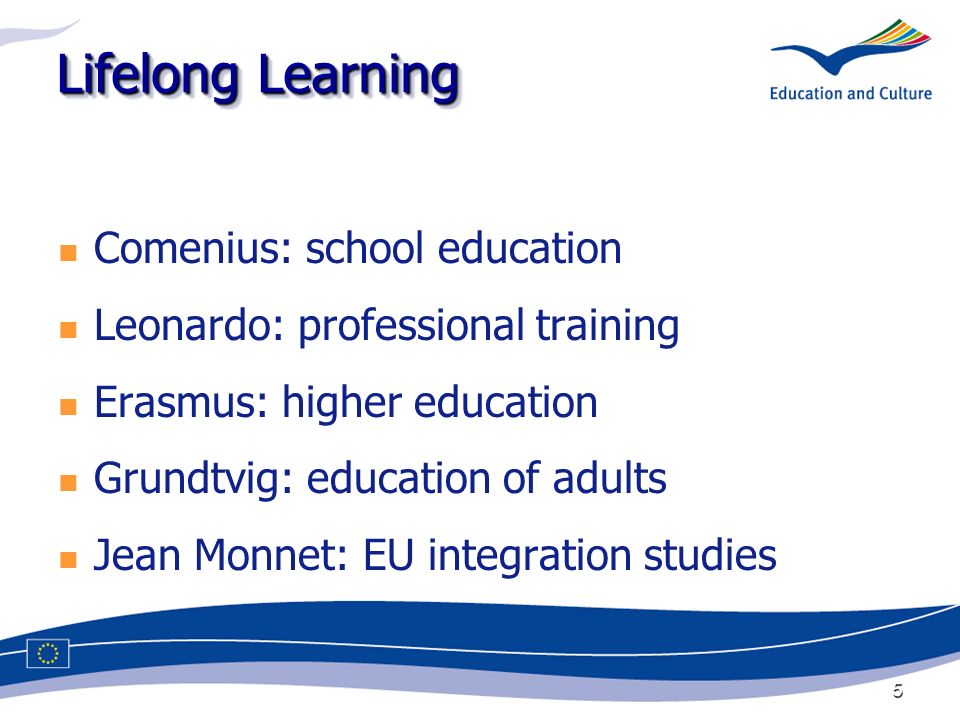 5 Lifelong Learning Comenius: school education Leonardo: professional training Erasmus: higher education Grundtvig: education of adults Jean Monnet: EU integration studies