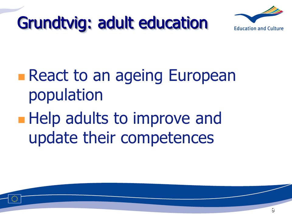 9 Grundtvig: adult education React to an ageing European population Help adults to improve and update their competences
