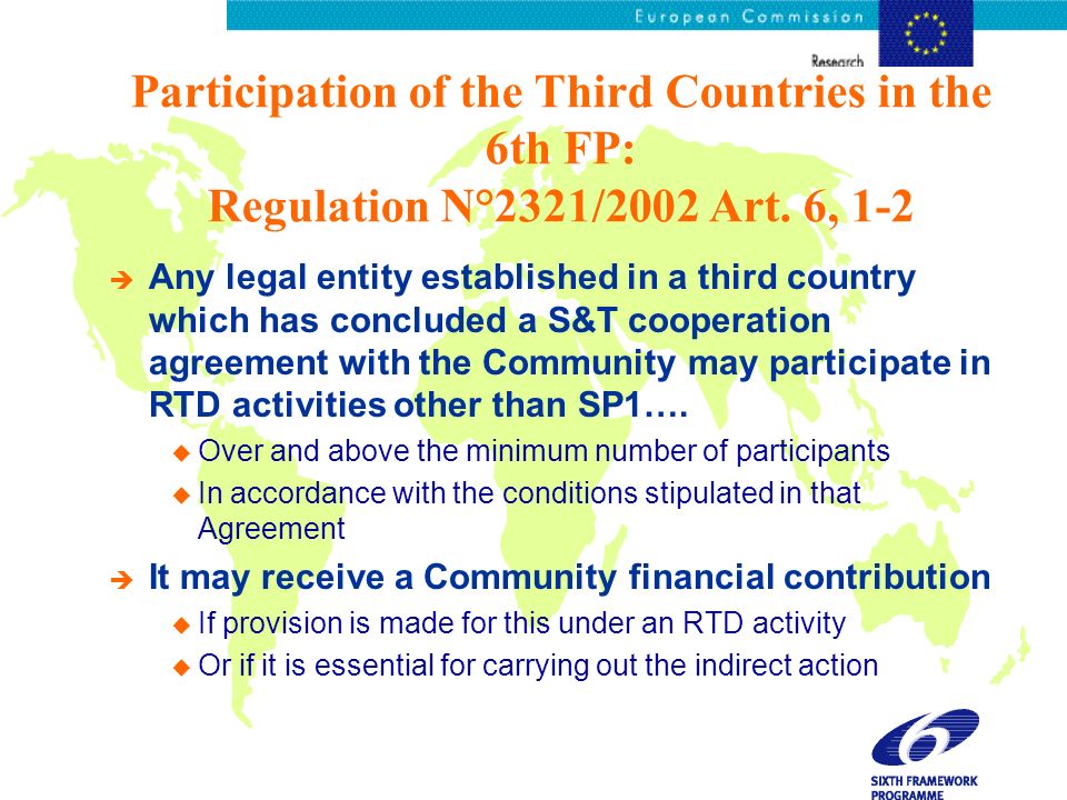 Participation of the Third Countries in the 6th FP: Regulation N°2321/2002 Art.