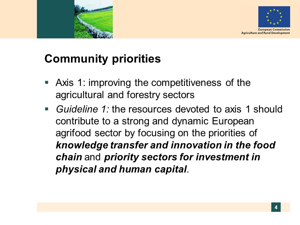 4 Community priorities Axis 1: improving the competitiveness of the agricultural and forestry sectors Guideline 1: the resources devoted to axis 1 should contribute to a strong and dynamic European agrifood sector by focusing on the priorities of knowledge transfer and innovation in the food chain and priority sectors for investment in physical and human capital.