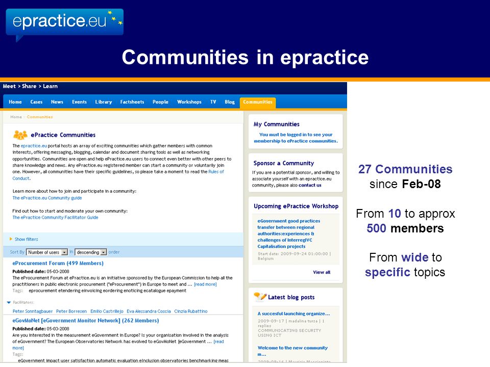 Communities in epractice 27 Communities since Feb-08 From 10 to approx 500 members From wide to specific topics