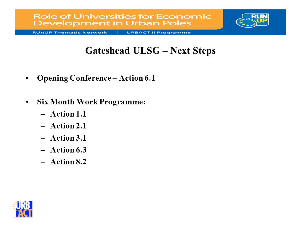 Gateshead ULSG – Next Steps Opening Conference – Action 6.1 Six Month Work Programme: –Action 1.1 –Action 2.1 –Action 3.1 –Action 6.3 –Action 8.2