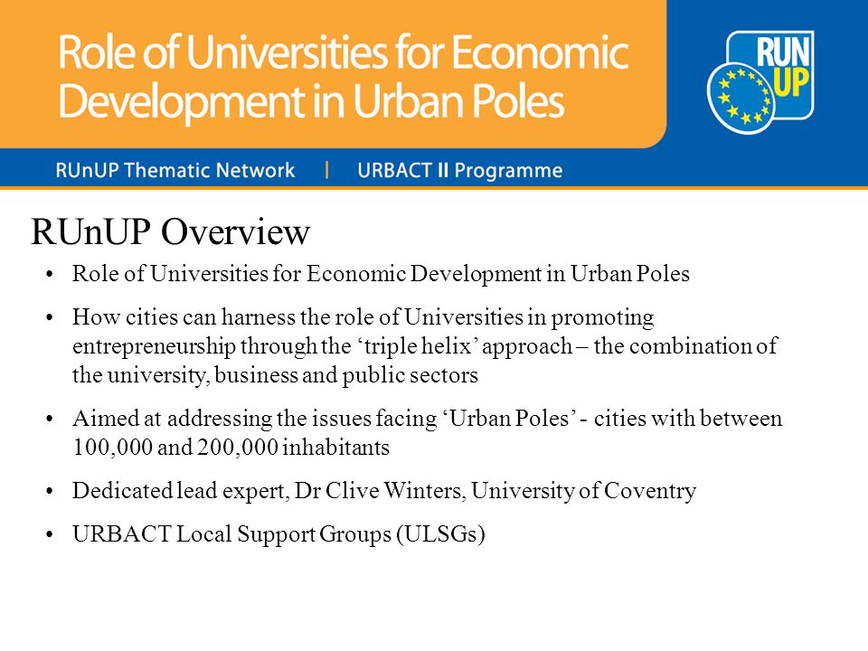 RUnUP Overview Role of Universities for Economic Development in Urban Poles How cities can harness the role of Universities in promoting entrepreneurship through the triple helix approach – the combination of the university, business and public sectors Aimed at addressing the issues facing Urban Poles - cities with between 100,000 and 200,000 inhabitants Dedicated lead expert, Dr Clive Winters, University of Coventry URBACT Local Support Groups (ULSGs)
