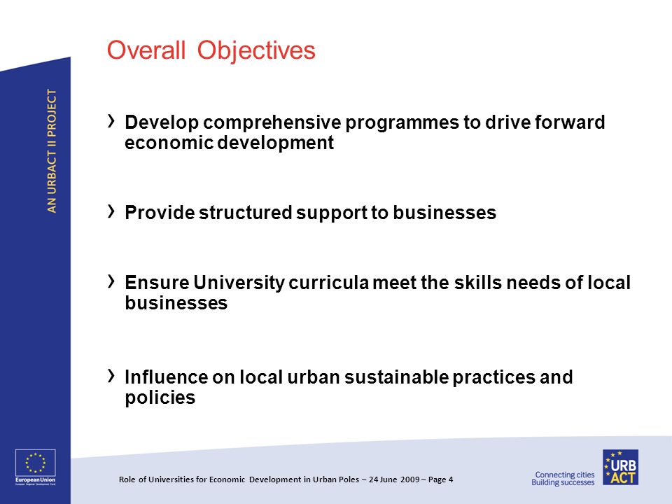 Overall Objectives Develop comprehensive programmes to drive forward economic development Provide structured support to businesses Ensure University curricula meet the skills needs of local businesses Influence on local urban sustainable practices and policies Role of Universities for Economic Development in Urban Poles – 24 June 2009 – Page 4