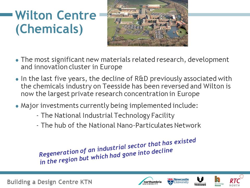 Building a Design Centre KTN Wilton Centre (Chemicals) The most significant new materials related research, development and innovation cluster in Europe In the last five years, the decline of R&D previously associated with the chemicals industry on Teesside has been reversed and Wilton is now the largest private research concentration in Europe Major investments currently being implemented include: - The National Industrial Technology Facility - The hub of the National Nano-Particulates Network Regeneration of an industrial sector that has existed in the region but which had gone into decline