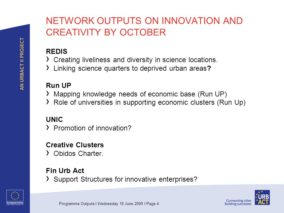 Programme Outputs I Wednesday 10 June 2009 I Page 4 NETWORK OUTPUTS ON INNOVATION AND CREATIVITY BY OCTOBER REDIS Creating liveliness and diversity in science locations.