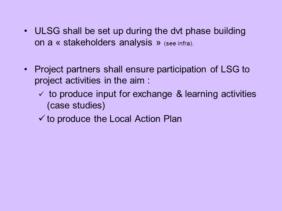ULSG shall be set up during the dvt phase building on a « stakeholders analysis » (see infra).