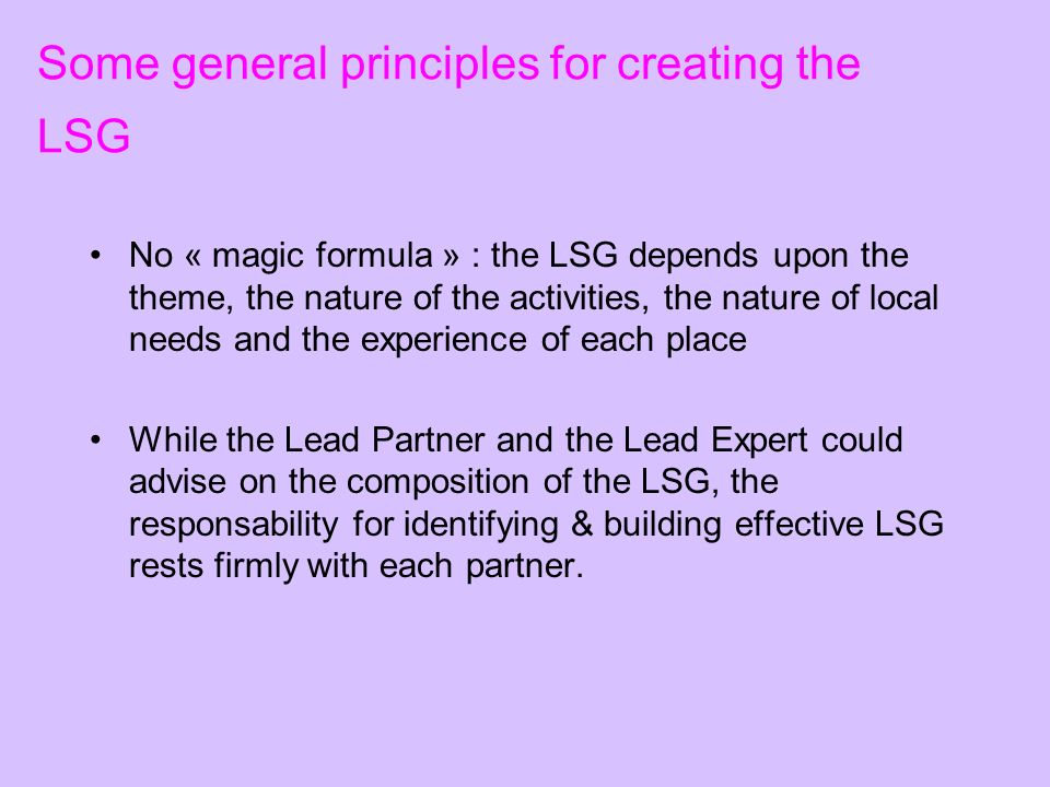 Some general principles for creating the LSG No « magic formula » : the LSG depends upon the theme, the nature of the activities, the nature of local needs and the experience of each place While the Lead Partner and the Lead Expert could advise on the composition of the LSG, the responsability for identifying & building effective LSG rests firmly with each partner.