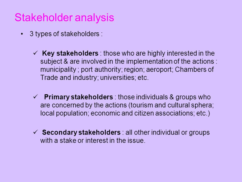 Stakeholder analysis 3 types of stakeholders : Key stakeholders : those who are highly interested in the subject & are involved in the implementation of the actions : municipality ; port authority; region; aeroport; Chambers of Trade and industry; universities; etc.