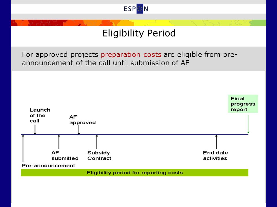 Eligibility Period For approved projects preparation costs are eligible from pre- announcement of the call until submission of AF