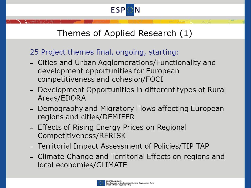 Themes of Applied Research (1) 25 Project themes final, ongoing, starting: – Cities and Urban Agglomerations/Functionality and development opportunities for European competitiveness and cohesion/FOCI – Development Opportunities in different types of Rural Areas/EDORA – Demography and Migratory Flows affecting European regions and cities/DEMIFER – Effects of Rising Energy Prices on Regional Competitiveness/RERISK – Territorial Impact Assessment of Policies/TIP TAP – Climate Change and Territorial Effects on regions and local economies/CLIMATE