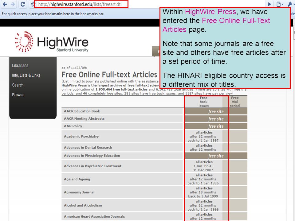 HighWire Press 4 Within HighWire Press, we have entered the Free Online Full-Text Articles page.