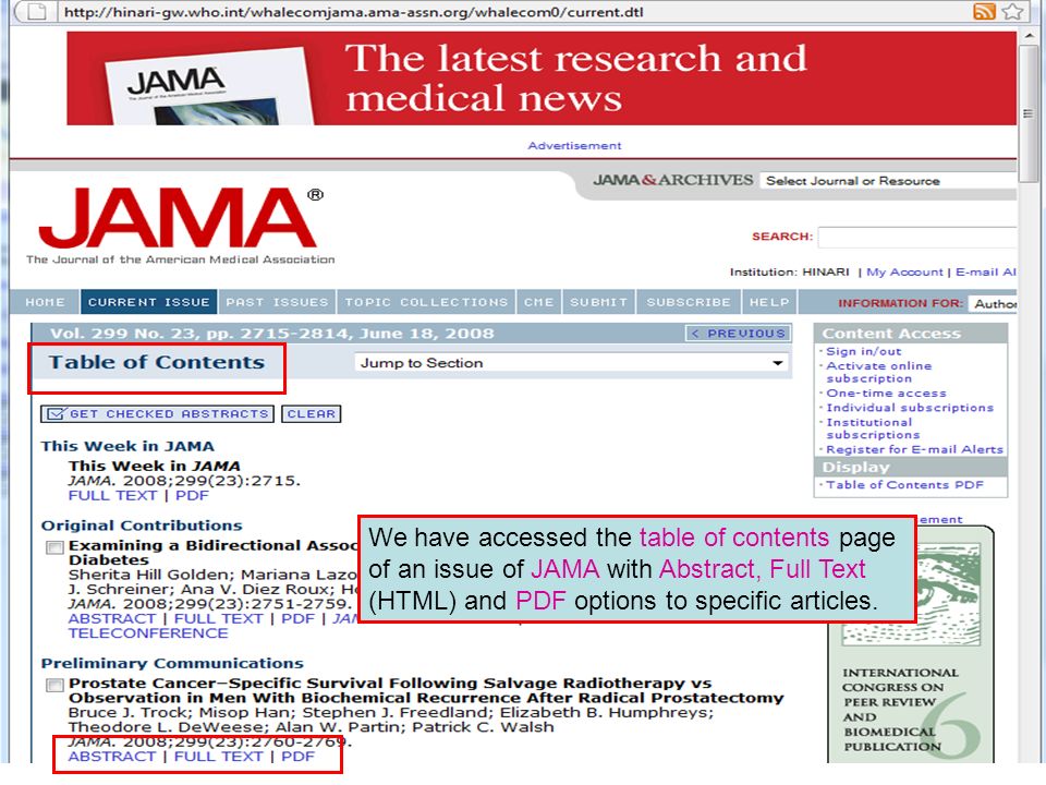 We have accessed the table of contents page of an issue of JAMA with Abstract, Full Text (HTML) and PDF options to specific articles.