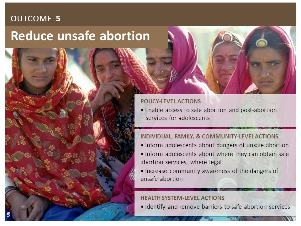 POLICY-LEVEL ACTIONS Enable access to safe abortion and post-abortion services for adolescents POLICY-LEVEL ACTIONS Enable access to safe abortion and post-abortion services for adolescents Reduce unsafe abortion INDIVIDUAL, FAMILY, & COMMUNITY-LEVEL ACTIONS Inform adolescents about dangers of unsafe abortion Inform adolescents about where they can obtain safe abortion services, where legal Increase community awareness of the dangers of unsafe abortion INDIVIDUAL, FAMILY, & COMMUNITY-LEVEL ACTIONS Inform adolescents about dangers of unsafe abortion Inform adolescents about where they can obtain safe abortion services, where legal Increase community awareness of the dangers of unsafe abortion HEALTH SYSTEM-LEVEL ACTIONS Identify and remove barriers to safe abortion services HEALTH SYSTEM-LEVEL ACTIONS Identify and remove barriers to safe abortion services UN OUTCOME 5