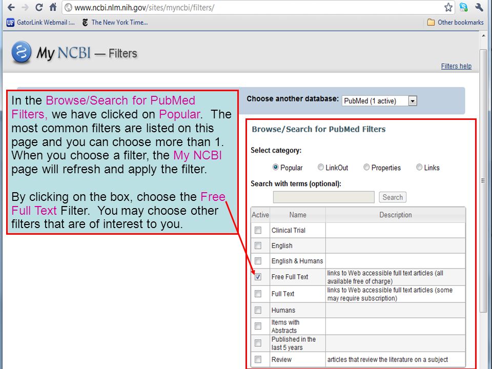 In the Browse/Search for PubMed Filters, we have clicked on Popular.