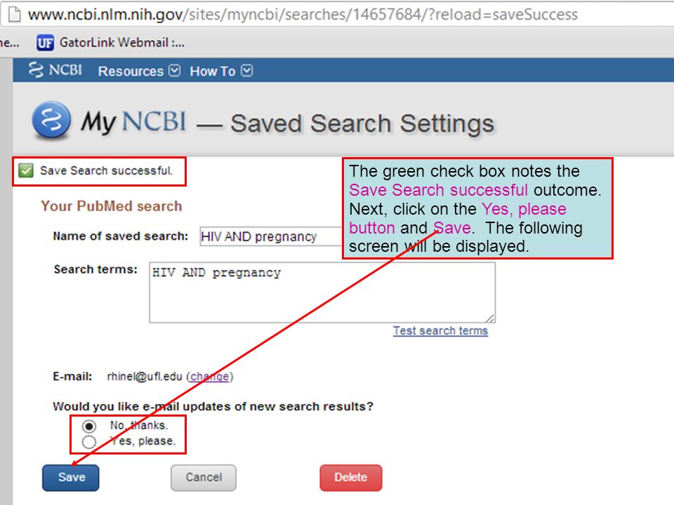 The green check box notes the Save Search successful outcome.