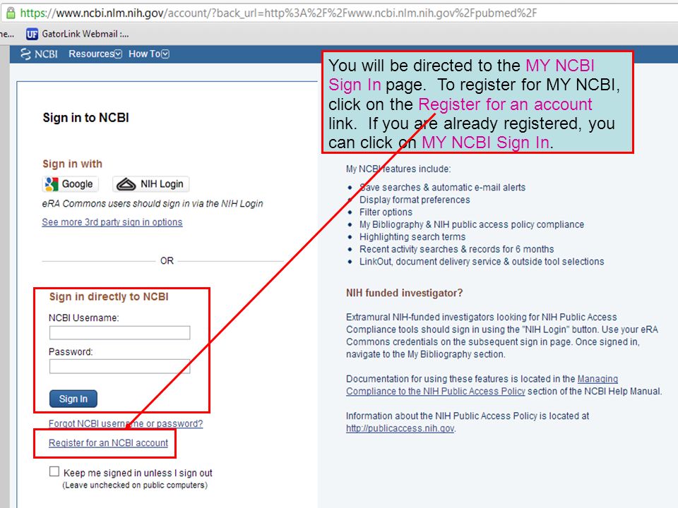 You will be directed to the MY NCBI Sign In page.