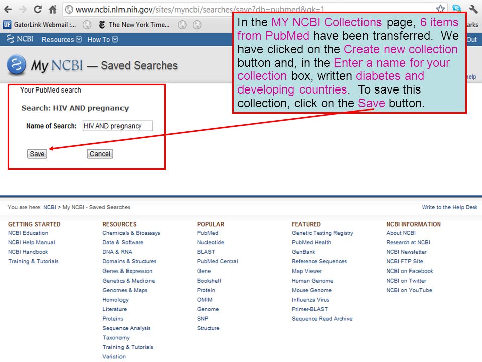 In the MY NCBI Collections page, 6 items from PubMed have been transferred.