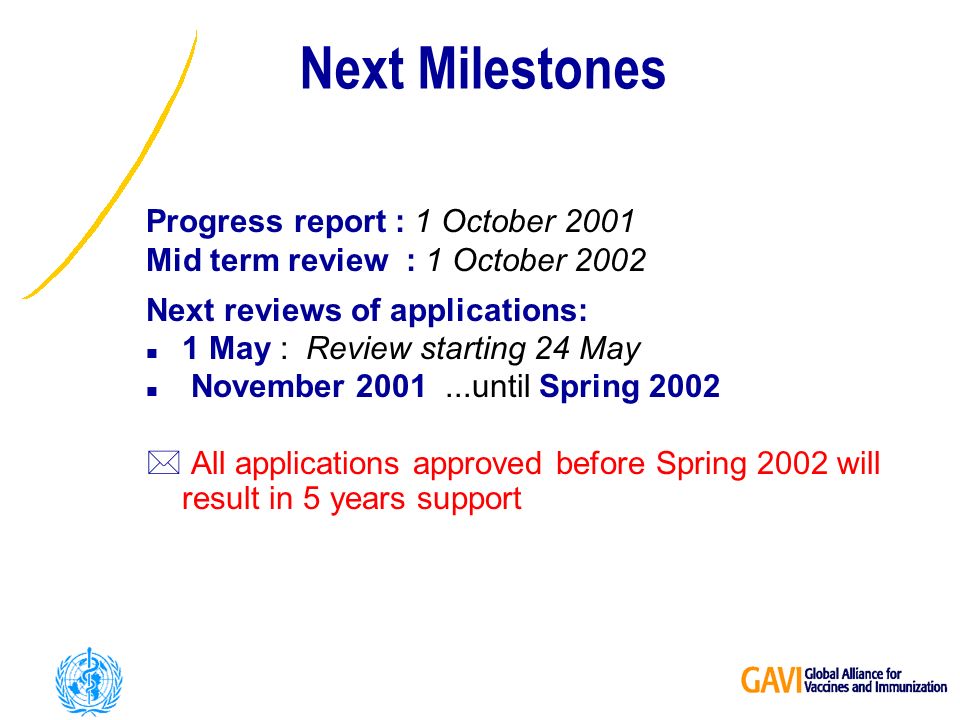 Next Milestones Progress report : 1 October 2001 Mid term review : 1 October 2002 Next reviews of applications: n 1 May : Review starting 24 May n November until Spring 2002 * All applications approved before Spring 2002 will result in 5 years support