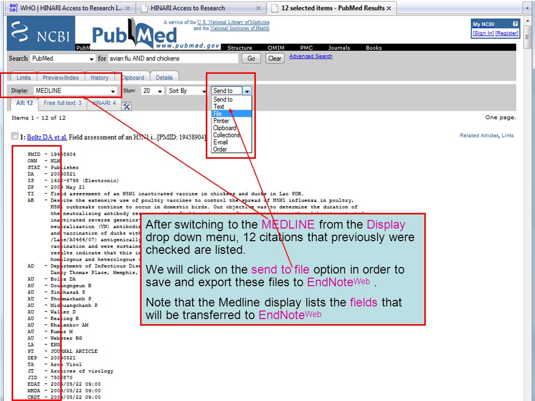 After switching to the MEDLINE from the Display drop down menu, 12 citations that previously were checked are listed.