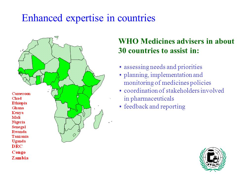 Enhanced expertise in countries assessing needs and priorities planning, implementation and monitoring of medicines policies coordination of stakeholders involved in pharmaceuticals feedback and reporting WHO Medicines advisers in about 30 countries to assist in: