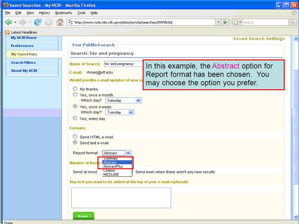 In this example, the Abstract option for Report format has been chosen.