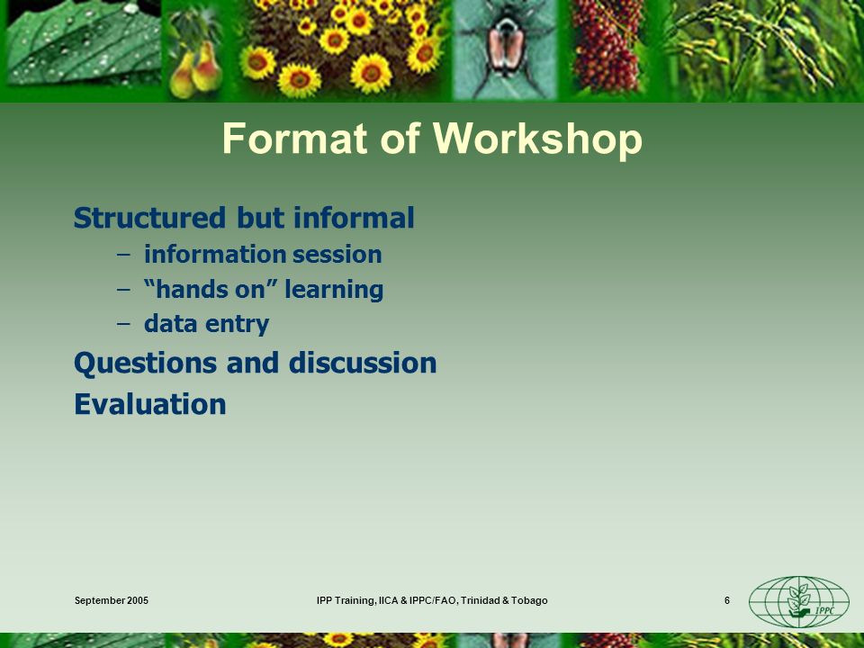 September 2005IPP Training, IICA & IPPC/FAO, Trinidad & Tobago6 Format of Workshop Structured but informal –information session –hands on learning –data entry Questions and discussion Evaluation