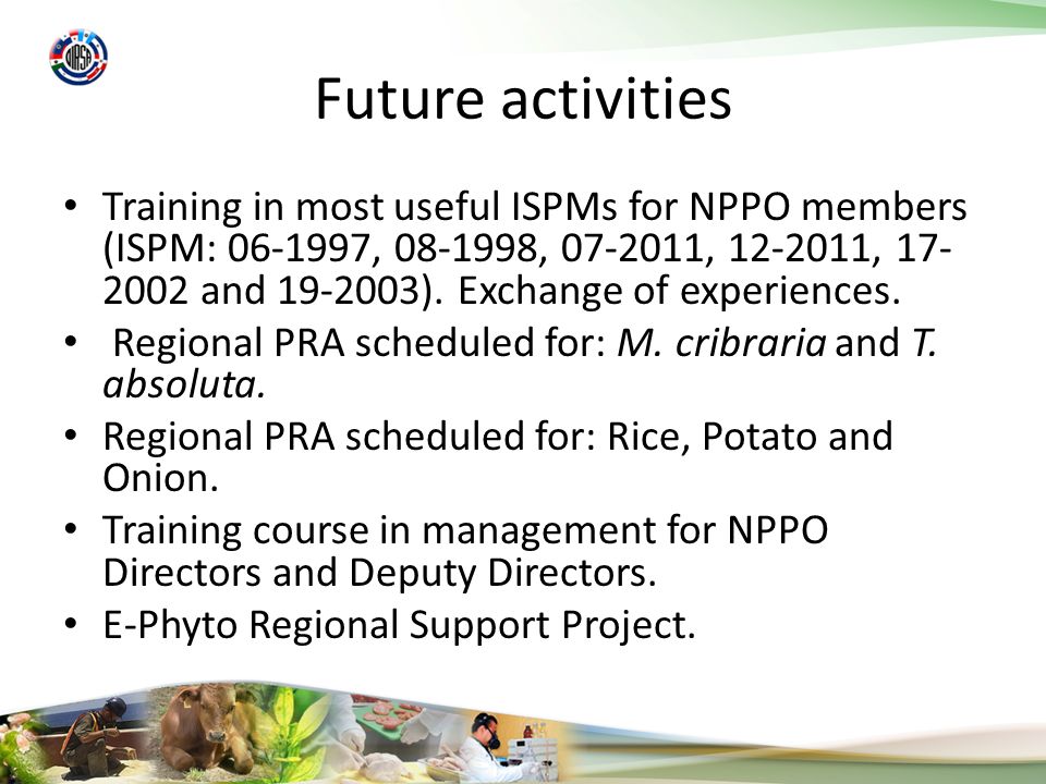 Future activities Training in most useful ISPMs for NPPO members (ISPM: , , , , and ).