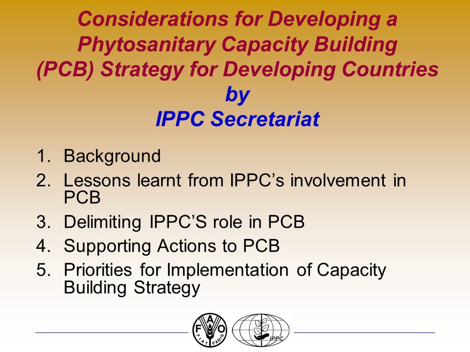 Considerations for Developing a Phytosanitary Capacity Building (PCB) Strategy for Developing Countries by IPPC Secretariat 1.Background 2.Lessons learnt from IPPCs involvement in PCB 3.Delimiting IPPCS role in PCB 4.Supporting Actions to PCB 5.Priorities for Implementation of Capacity Building Strategy