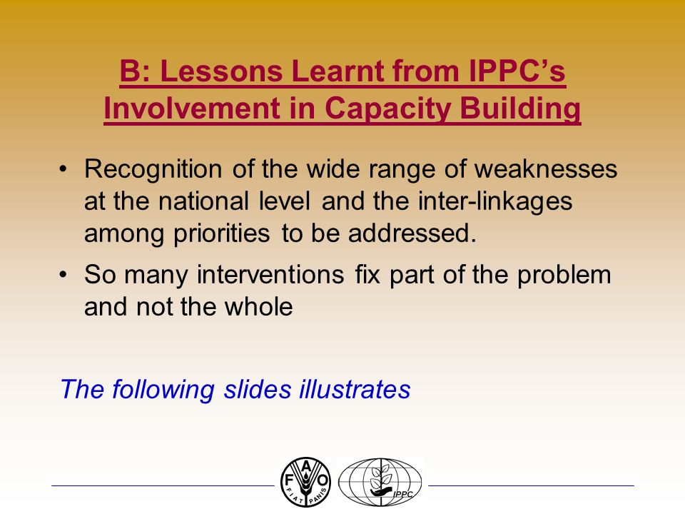 B: Lessons Learnt from IPPCs Involvement in Capacity Building Recognition of the wide range of weaknesses at the national level and the inter-linkages among priorities to be addressed.
