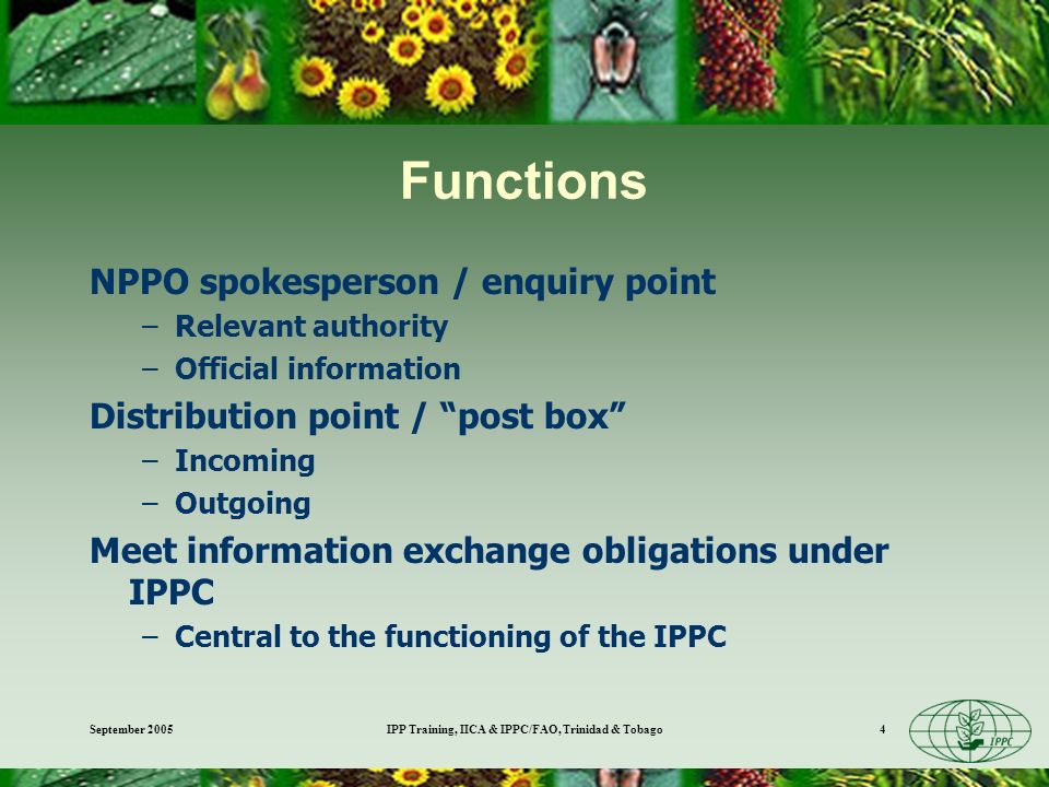 September 2005IPP Training, IICA & IPPC/FAO, Trinidad & Tobago4 Functions NPPO spokesperson / enquiry point –Relevant authority –Official information Distribution point / post box –Incoming –Outgoing Meet information exchange obligations under IPPC –Central to the functioning of the IPPC