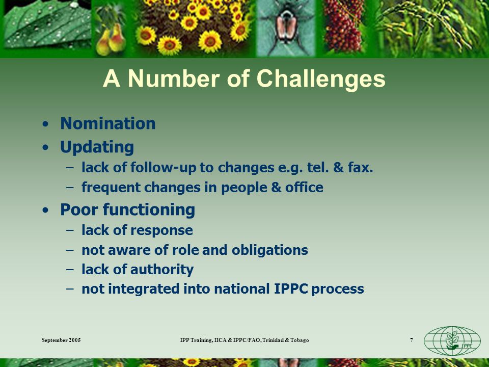 September 2005IPP Training, IICA & IPPC/FAO, Trinidad & Tobago7 A Number of Challenges Nomination Updating –lack of follow-up to changes e.g.