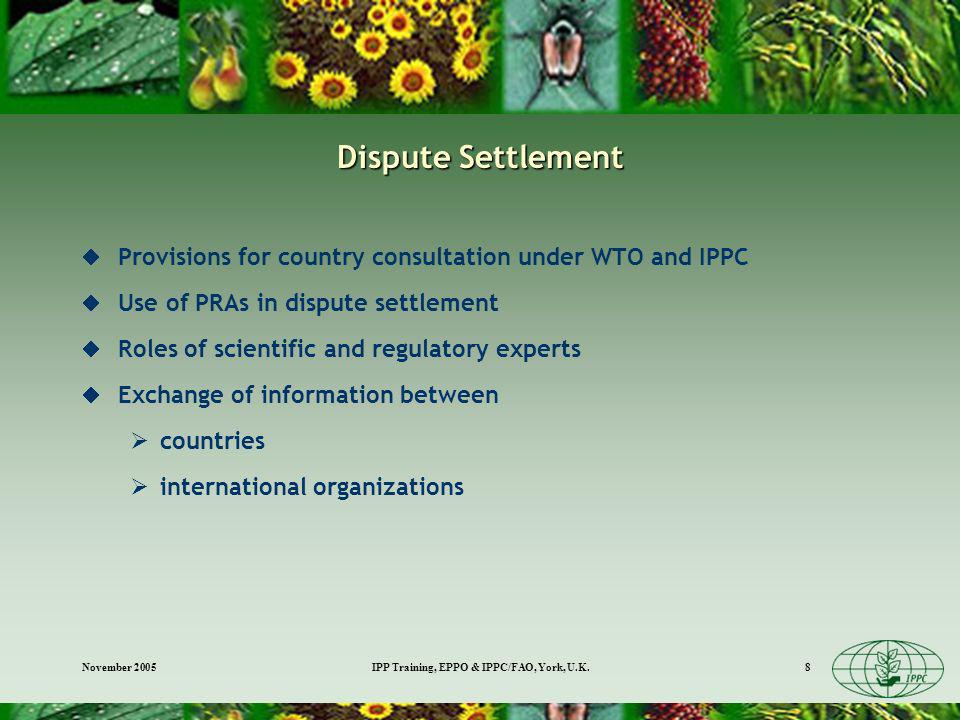 November 2005IPP Training, EPPO & IPPC/FAO, York, U.K.8 Dispute Settlement Provisions for country consultation under WTO and IPPC Use of PRAs in dispute settlement Roles of scientific and regulatory experts Exchange of information between countries international organizations