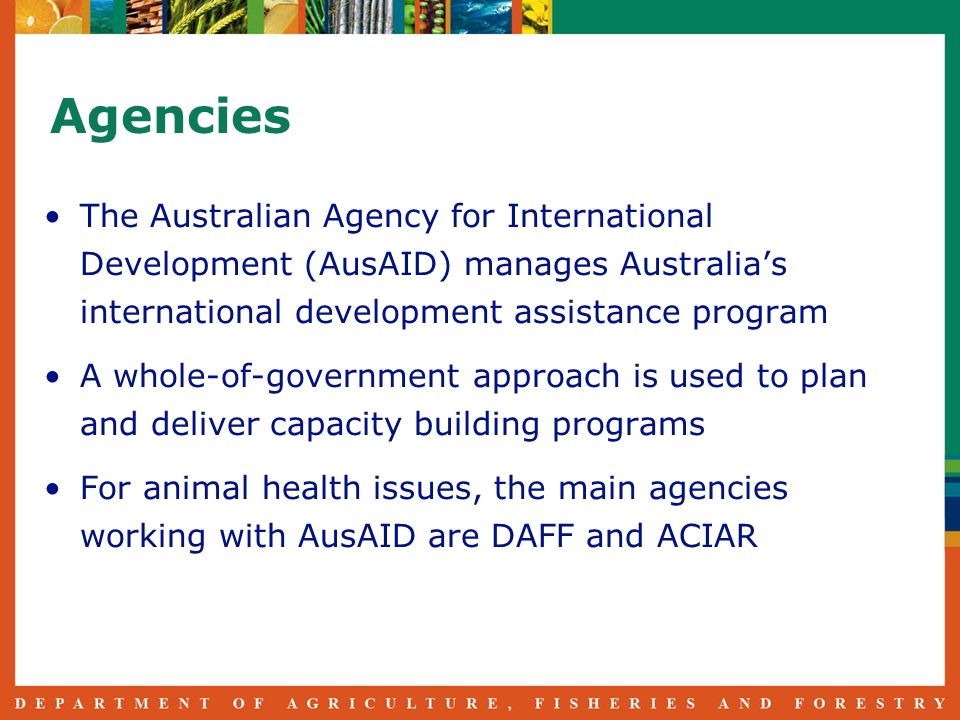 Agencies The Australian Agency for International Development (AusAID) manages Australias international development assistance program A whole-of-government approach is used to plan and deliver capacity building programs For animal health issues, the main agencies working with AusAID are DAFF and ACIAR