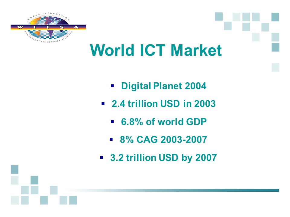 Digital Planet trillion USD in % of world GDP 8% CAG trillion USD by 2007 World ICT Market