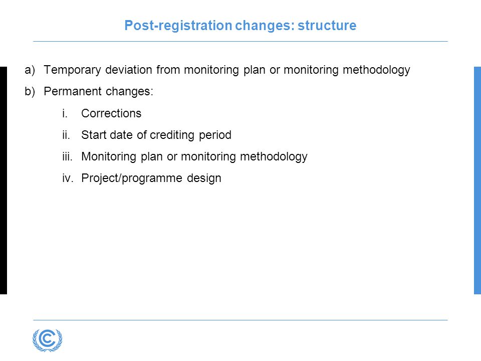Post-registration changes: structure a)Temporary deviation from monitoring plan or monitoring methodology b)Permanent changes: i.Corrections ii.Start date of crediting period iii.Monitoring plan or monitoring methodology iv.Project/programme design