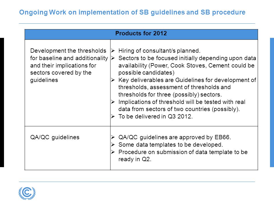 Ongoing Work on implementation of SB guidelines and SB procedure Products for 2012 Development the thresholds for baseline and additionality and their implications for sectors covered by the guidelines Hiring of consultant/s planned.