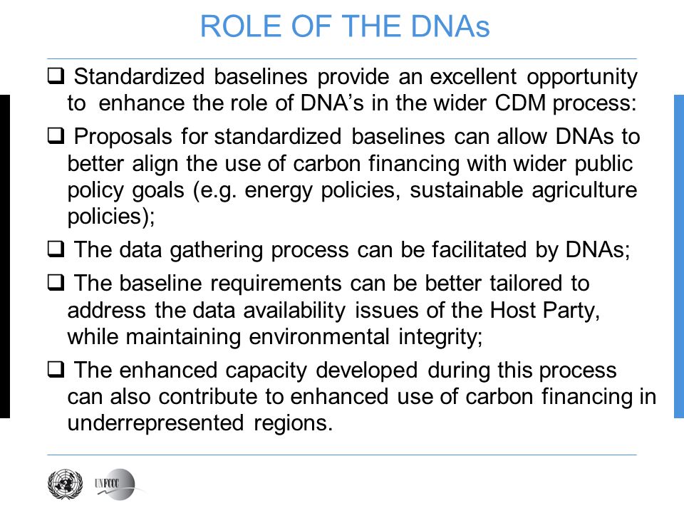ROLE OF THE DNAs Standardized baselines provide an excellent opportunity to enhance the role of DNAs in the wider CDM process: Proposals for standardized baselines can allow DNAs to better align the use of carbon financing with wider public policy goals (e.g.