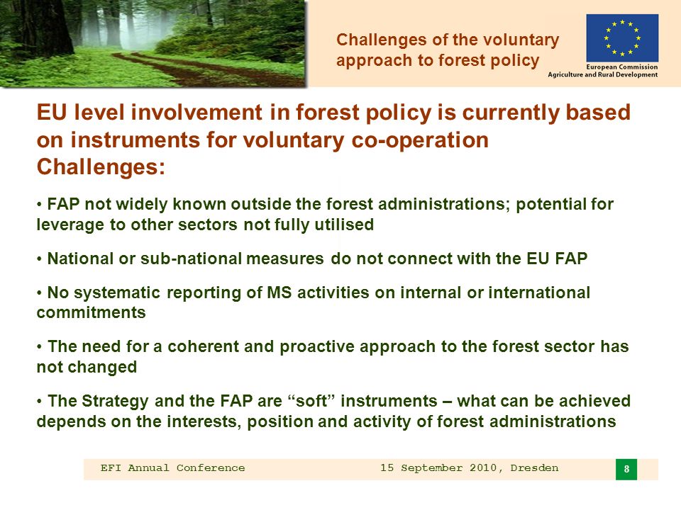 EFI Annual Conference 15 September 2010, Dresden 8 EU level involvement in forest policy is currently based on instruments for voluntary co-operation Challenges: FAP not widely known outside the forest administrations; potential for leverage to other sectors not fully utilised National or sub-national measures do not connect with the EU FAP No systematic reporting of MS activities on internal or international commitments The need for a coherent and proactive approach to the forest sector has not changed The Strategy and the FAP are soft instruments – what can be achieved depends on the interests, position and activity of forest administrations Challenges of the voluntary approach to forest policy