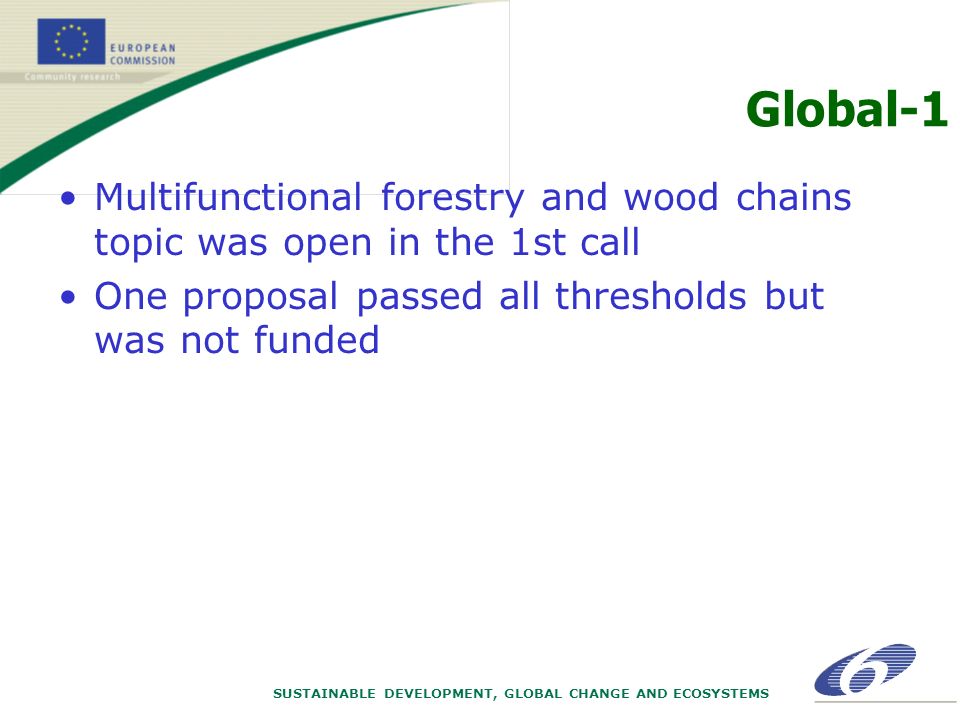 SUSTAINABLE DEVELOPMENT, GLOBAL CHANGE AND ECOSYSTEMS Global-1 Multifunctional forestry and wood chains topic was open in the 1st call One proposal passed all thresholds but was not funded