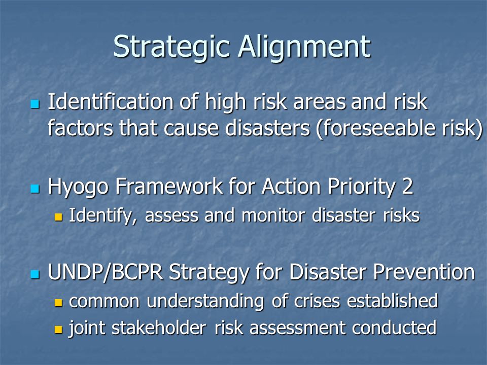 Strategic Alignment Identification of high risk areas and risk factors that cause disasters (foreseeable risk) Identification of high risk areas and risk factors that cause disasters (foreseeable risk) Hyogo Framework for Action Priority 2 Hyogo Framework for Action Priority 2 Identify, assess and monitor disaster risks Identify, assess and monitor disaster risks UNDP/BCPR Strategy for Disaster Prevention UNDP/BCPR Strategy for Disaster Prevention common understanding of crises established common understanding of crises established joint stakeholder risk assessment conducted joint stakeholder risk assessment conducted