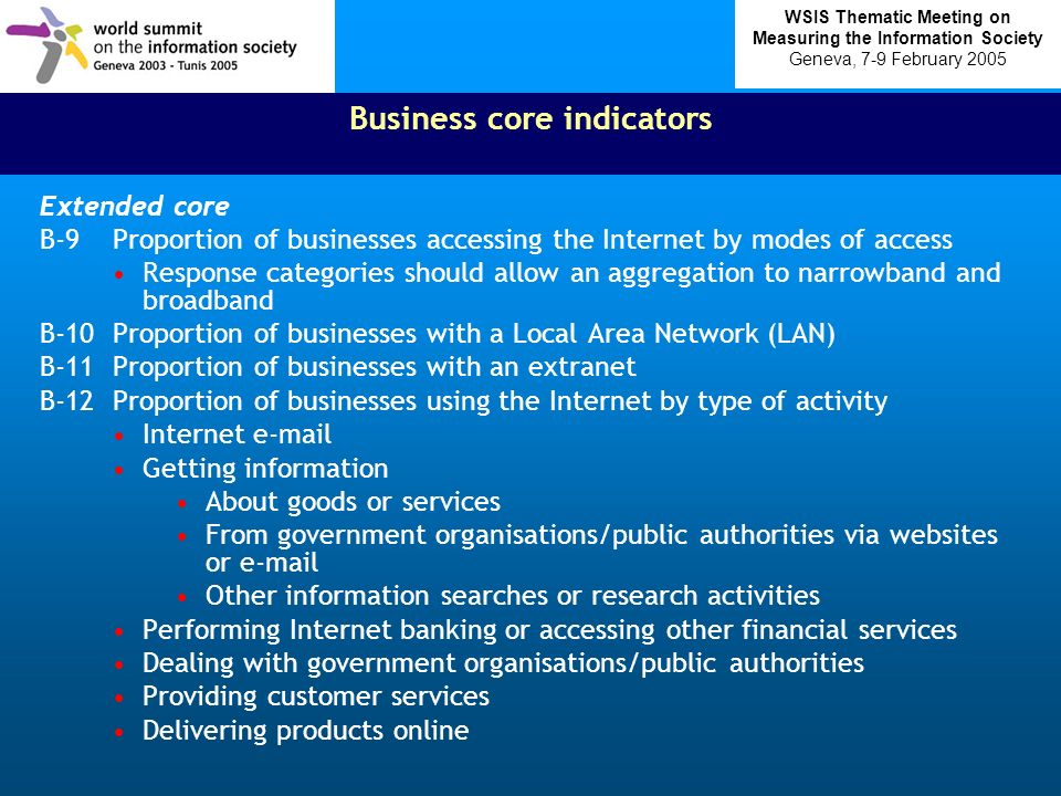 Business core indicators Extended core B-9Proportion of businesses accessing the Internet by modes of access Response categories should allow an aggregation to narrowband and broadband B-10Proportion of businesses with a Local Area Network (LAN) B-11Proportion of businesses with an extranet B-12Proportion of businesses using the Internet by type of activity Internet  Getting information About goods or services From government organisations/public authorities via websites or  Other information searches or research activities Performing Internet banking or accessing other financial services Dealing with government organisations/public authorities Providing customer services Delivering products online WSIS Thematic Meeting on Measuring the Information Society Geneva, 7-9 February 2005