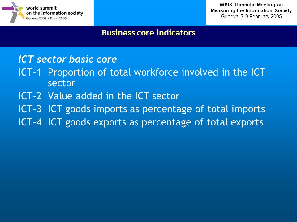 Business core indicators ICT sector basic core ICT-1Proportion of total workforce involved in the ICT sector ICT-2Value added in the ICT sector ICT-3ICT goods imports as percentage of total imports ICT-4ICT goods exports as percentage of total exports WSIS Thematic Meeting on Measuring the Information Society Geneva, 7-9 February 2005