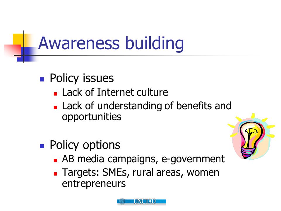 Awareness building Policy issues Lack of Internet culture Lack of understanding of benefits and opportunities Policy options AB media campaigns, e-government Targets: SMEs, rural areas, women entrepreneurs
