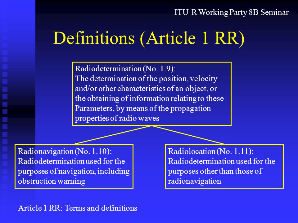 ITU-R Working Party 8B Seminar Definitions (Article 1 RR) Radiodetermination (No.