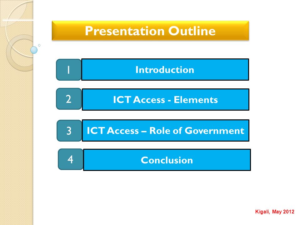 NairIobi,Kigali, May 2012 ctober 2010 Presentation Outline Introduction ICT Access - Elements ICT Access – Role of Government Conclusion