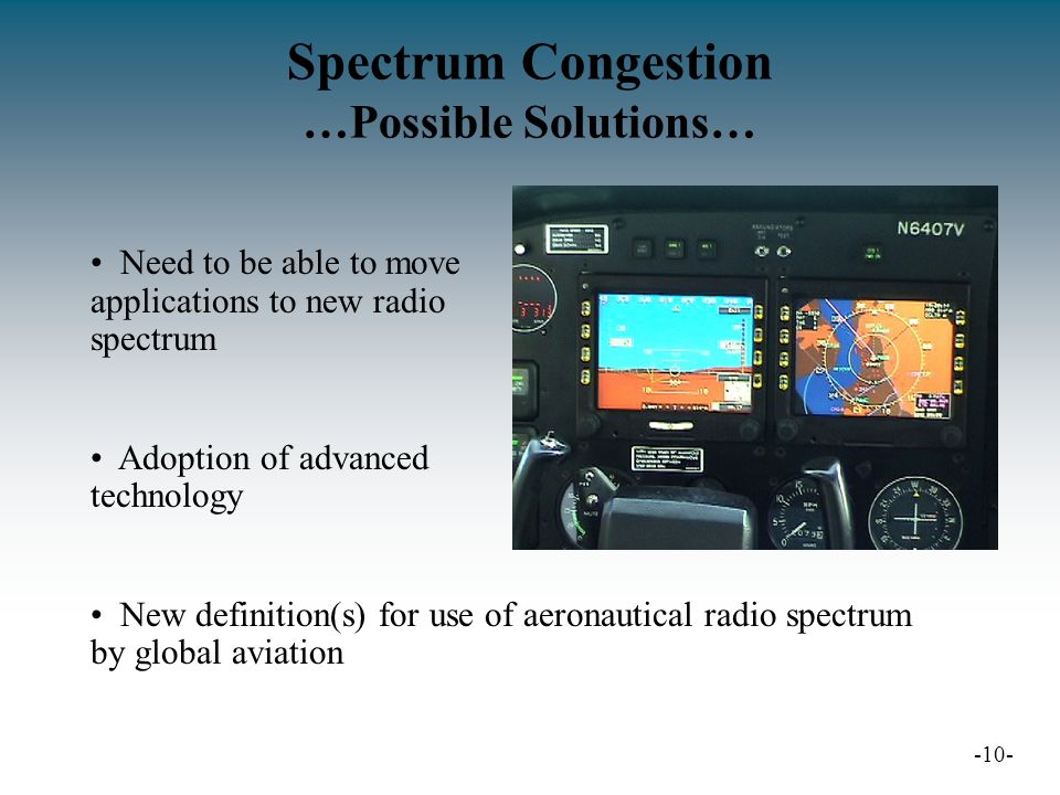 Spectrum Congestion …Possible Solutions… -10- Need to be able to move applications to new radio spectrum Adoption of advanced technology New definition(s) for use of aeronautical radio spectrum by global aviation