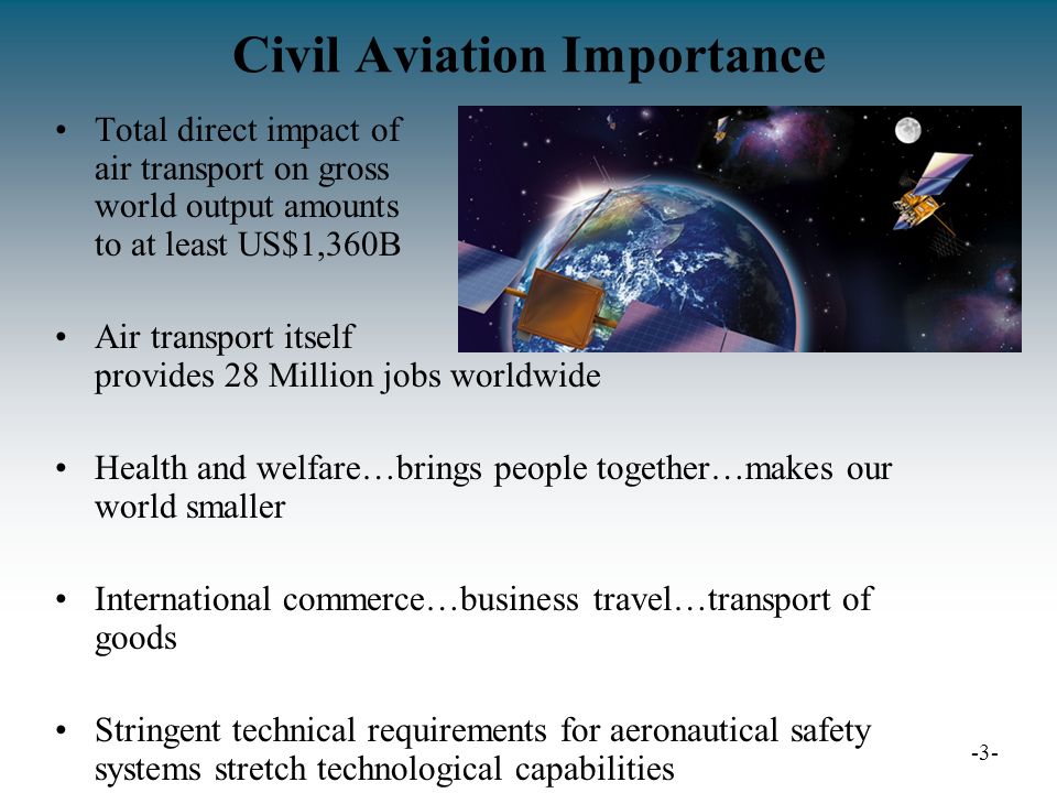 Civil Aviation Importance Total direct impact of air transport on gross world output amounts to at least US$1,360B Air transport itself provides 28 Million jobs worldwide Health and welfare…brings people together…makes our world smaller International commerce…business travel…transport of goods Stringent technical requirements for aeronautical safety systems stretch technological capabilities -3-